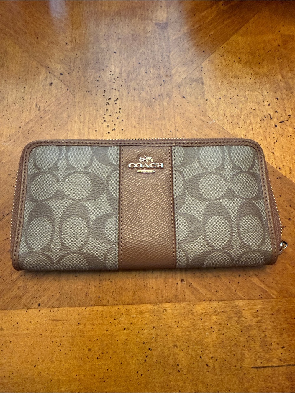 Coach Brown Signature Zip Wallet with Logo Plaque
